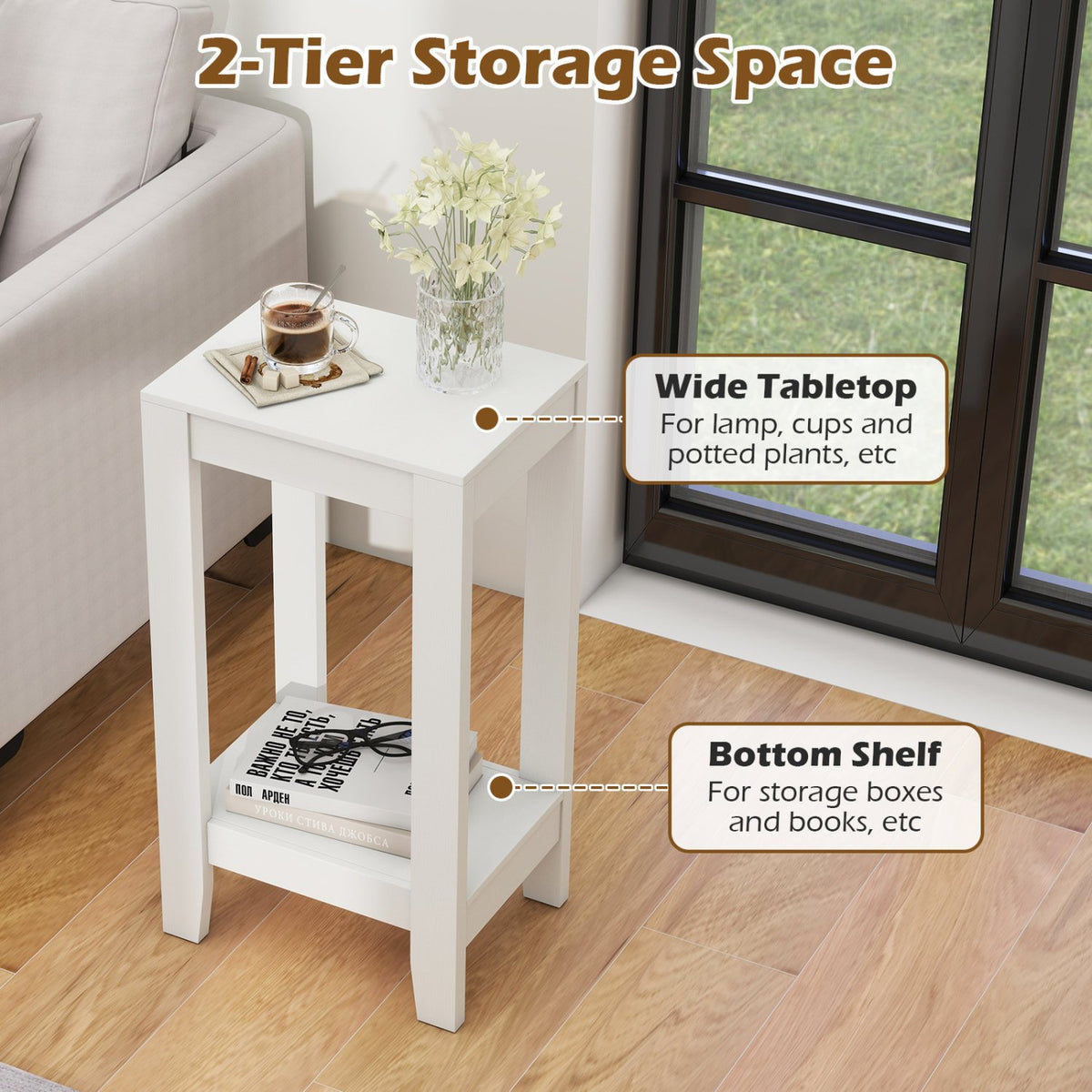 2-Tier Nightstand End Side Wooden Legs Table for Bedroom-White view 7