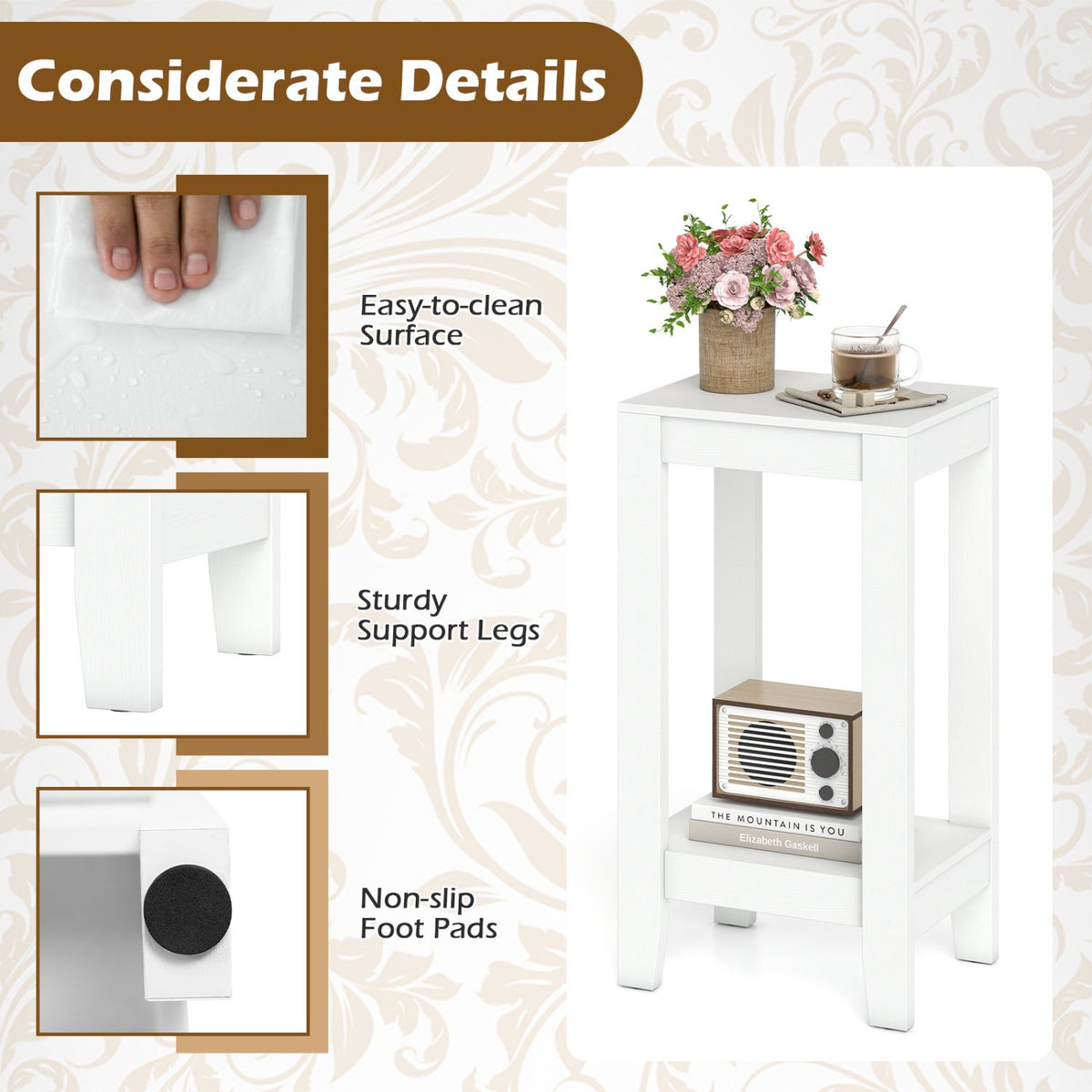 2-Tier Nightstand End Side Wooden Legs Table for Bedroom-White view 8