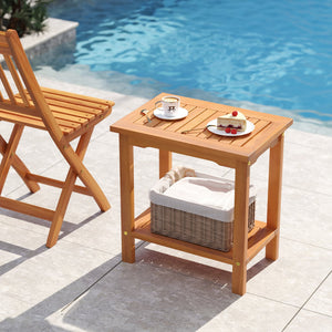2-Tier Outdoor Acacia Wood Side Table with Slatted Tabletop and Storage Shelf view 2