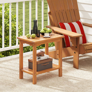 2-Tier Outdoor Acacia Wood Side Table with Slatted Tabletop and Storage Shelf view 3