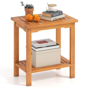 2-Tier Outdoor Acacia Wood Side Table with Slatted Tabletop and Storage Shelf view 4
