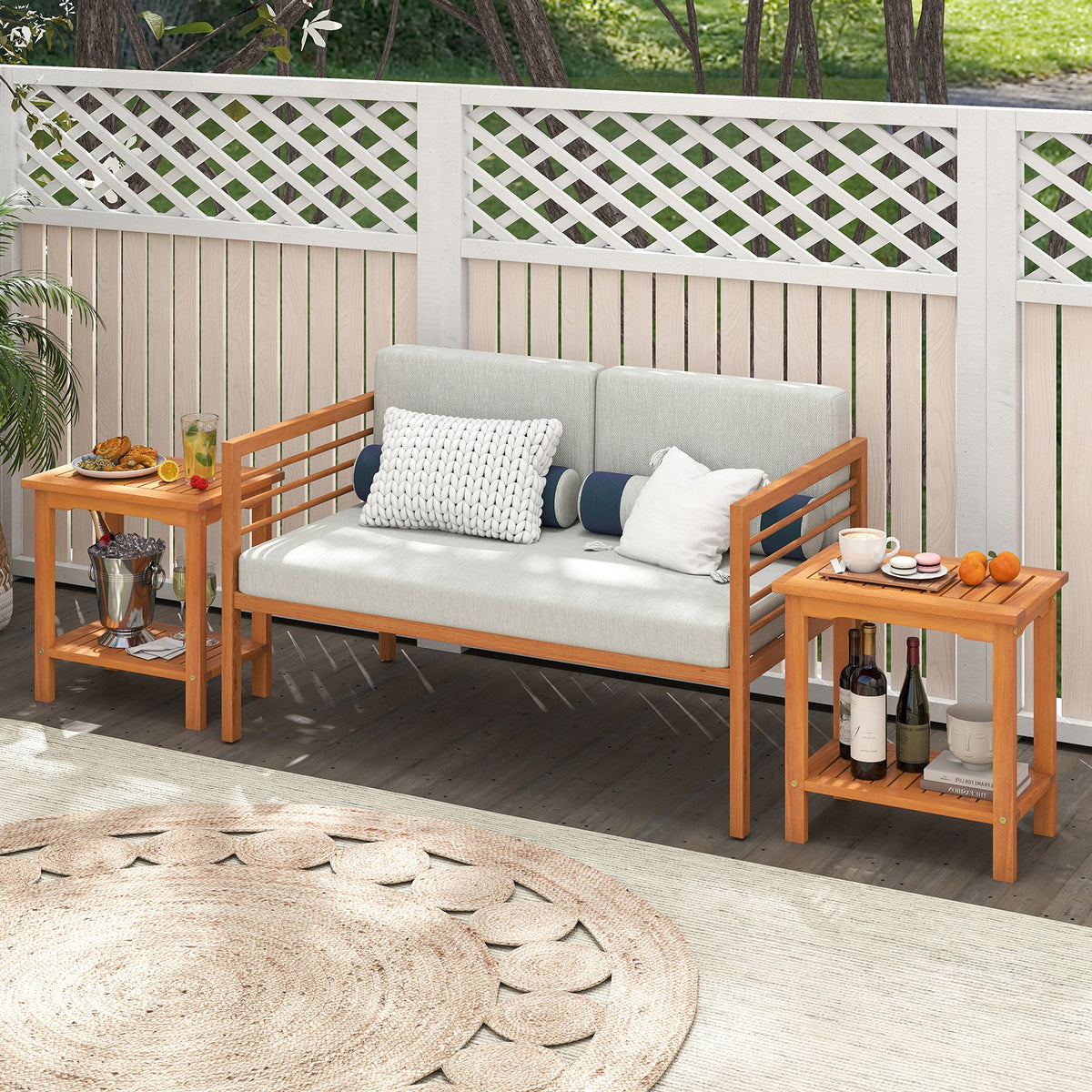 2-Tier Outdoor Acacia Wood Side Table with Slatted Tabletop and Storage Shelf view 6