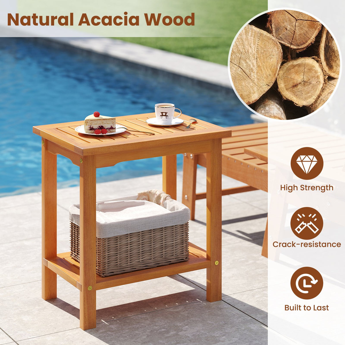 2-Tier Outdoor Acacia Wood Side Table with Slatted Tabletop and Storage Shelf view 7