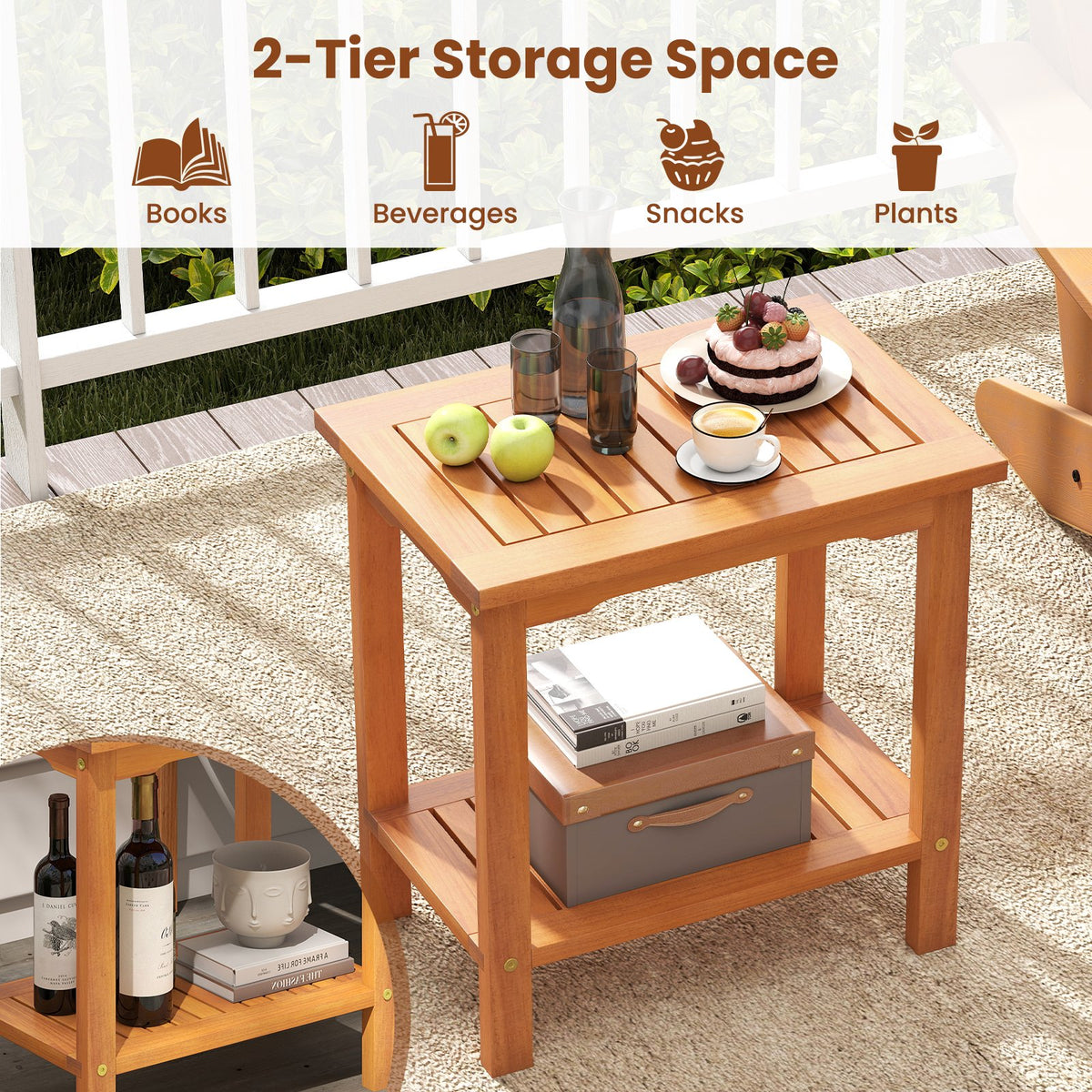 2-Tier Outdoor Acacia Wood Side Table with Slatted Tabletop and Storage Shelf view 8