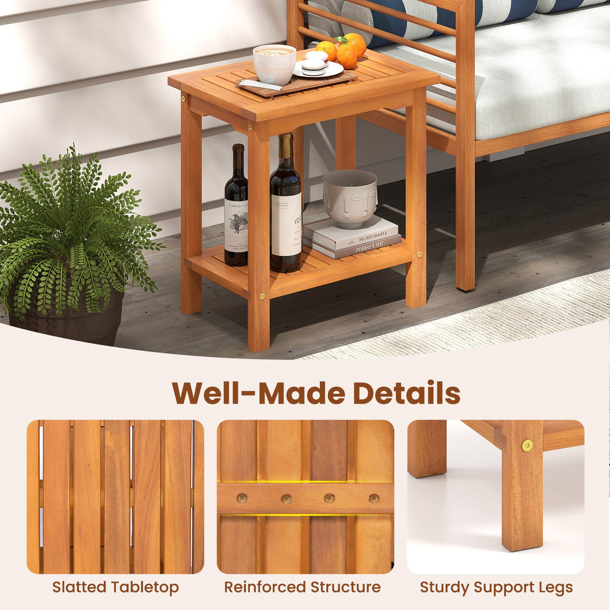 2-Tier Outdoor Acacia Wood Side Table with Slatted Tabletop and Storage Shelf view 9