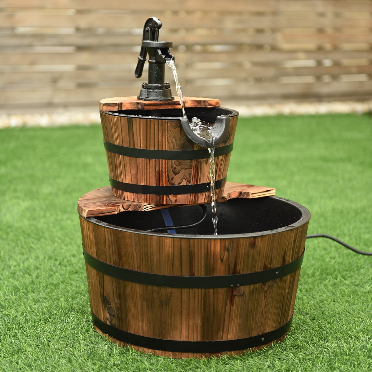2-Tiers Outdoor Wooden Barrel Waterfall Fountain with Pump view 2