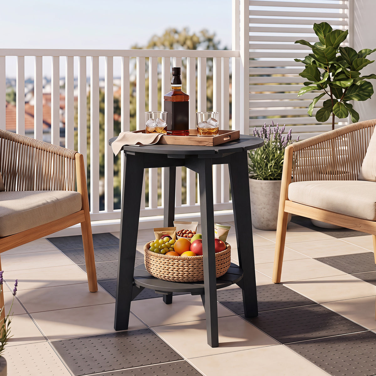 2-Tier Outdoor Eucalyptus Wood Side Table with Slatted Tabletop and Storage Shelf for Backyard-Black view 3