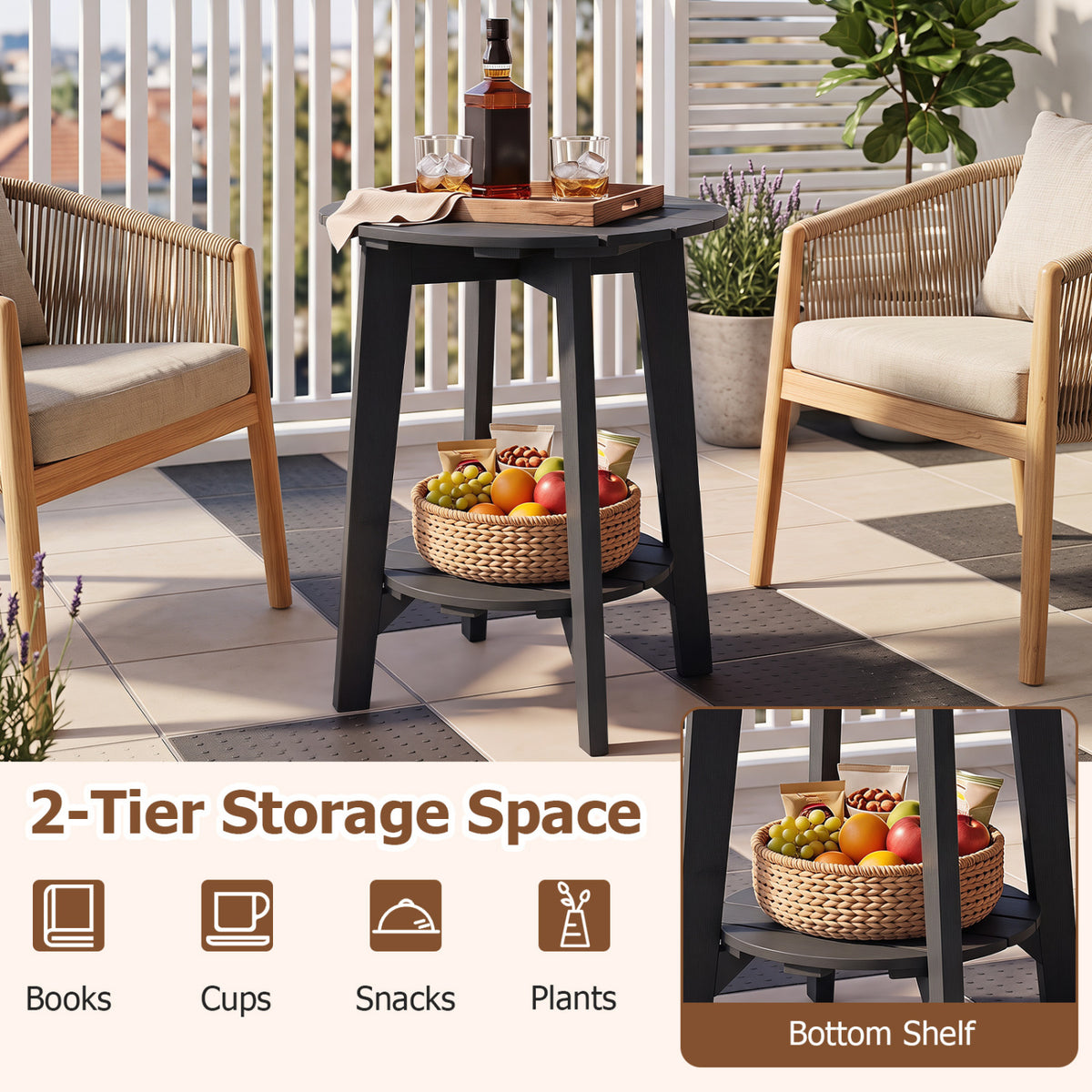 2-Tier Outdoor Eucalyptus Wood Side Table with Slatted Tabletop and Storage Shelf for Backyard-Black view 7