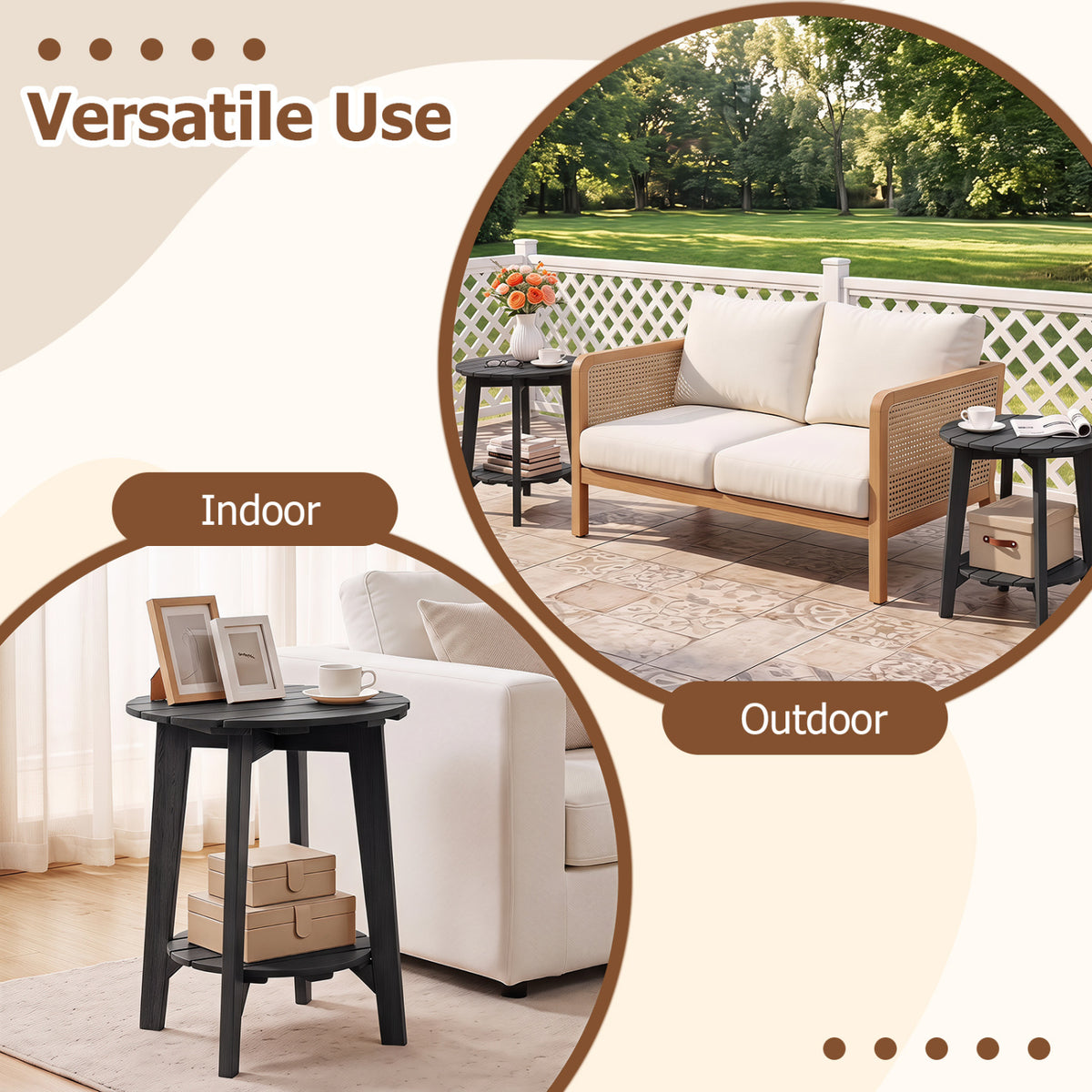 2-Tier Outdoor Eucalyptus Wood Side Table with Slatted Tabletop and Storage Shelf for Backyard-Black view 9
