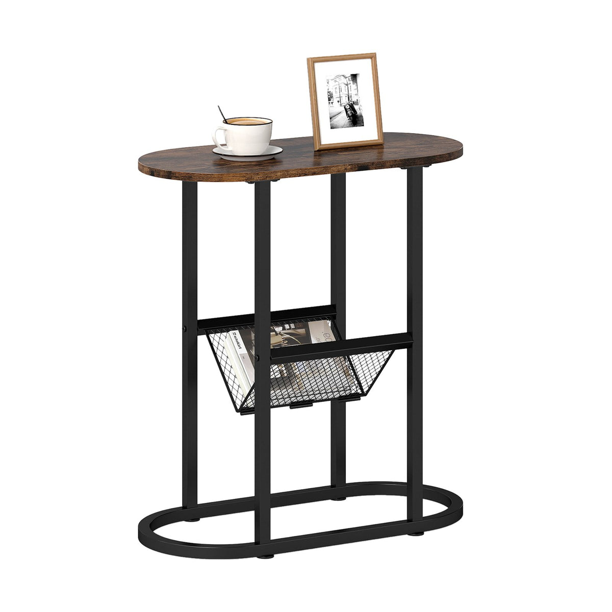2-Tier Oval Narrow Bedside End Table-Rustic Brown