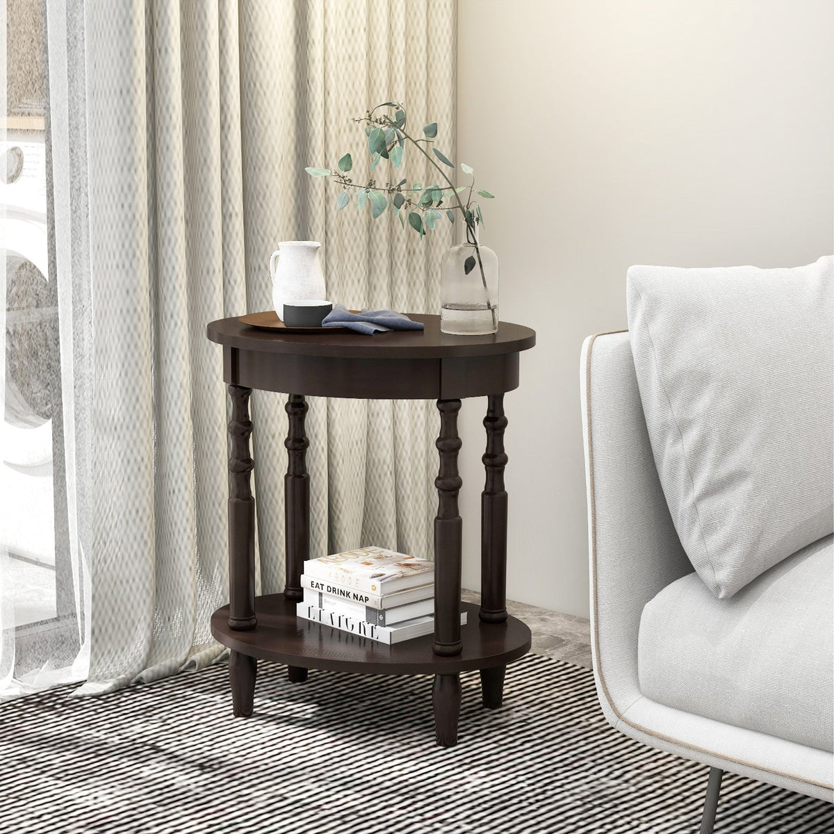 2-Tier Oval Side Table with Storage Shelf and Solid Wood Legs-Espresso view 2