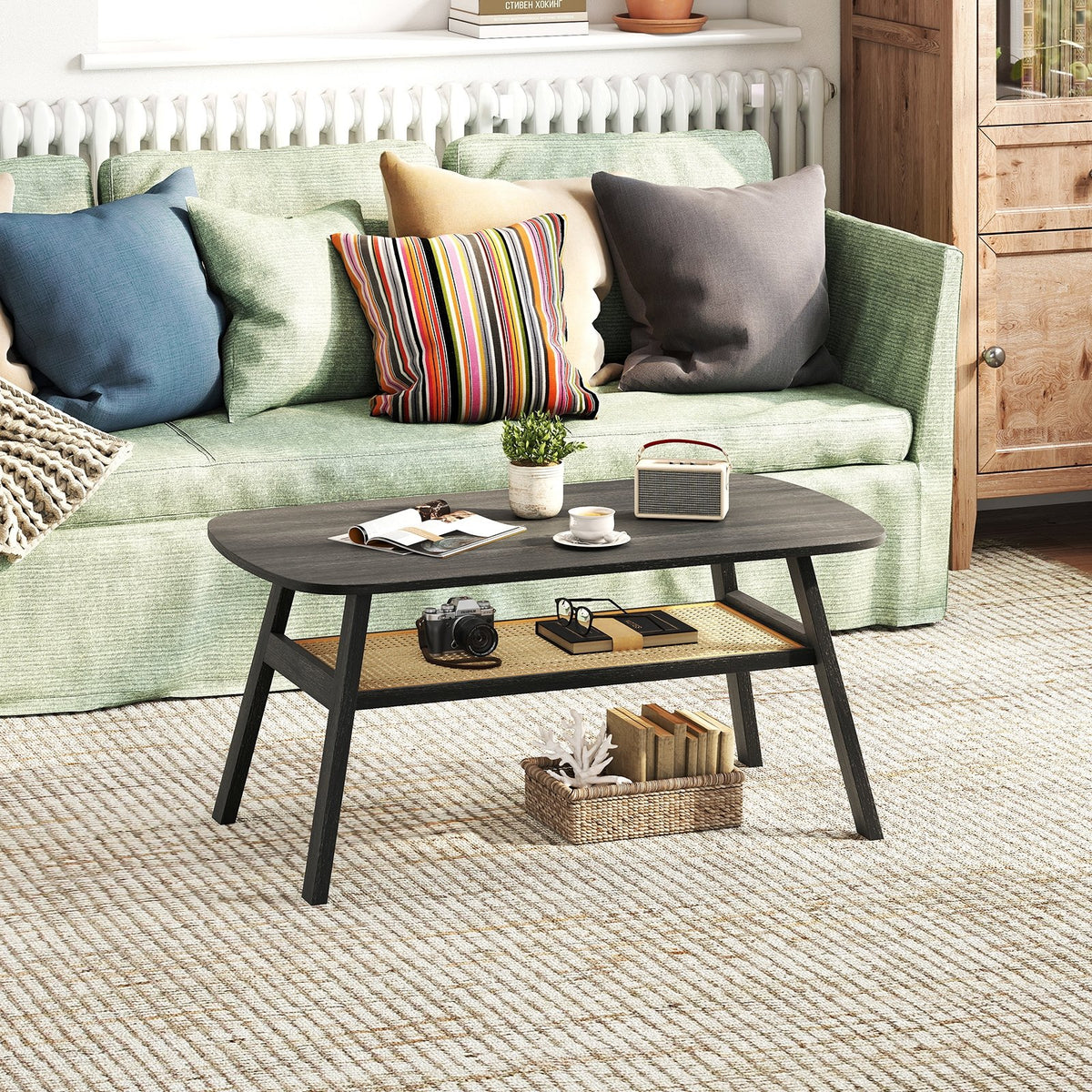 2-Tier Rectangular Center Coffee Table with Rattan Storage Shelf and Rubber Wood Legs-Dark Gray view 3