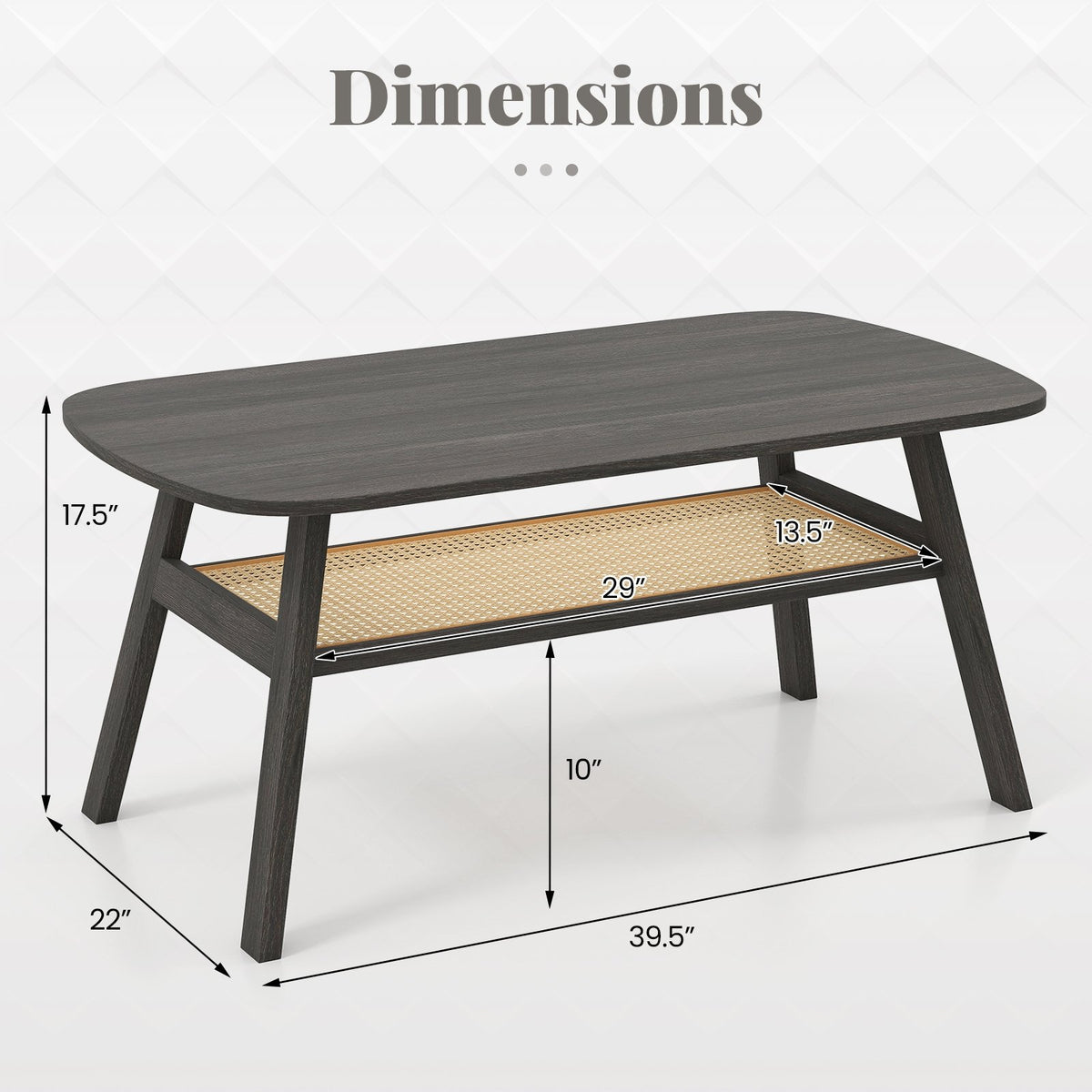 2-Tier Rectangular Center Coffee Table with Rattan Storage Shelf and Rubber Wood Legs-Dark Gray view 4