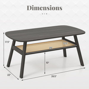2-Tier Rectangular Center Coffee Table with Rattan Storage Shelf and Rubber Wood Legs-Dark Gray view 4