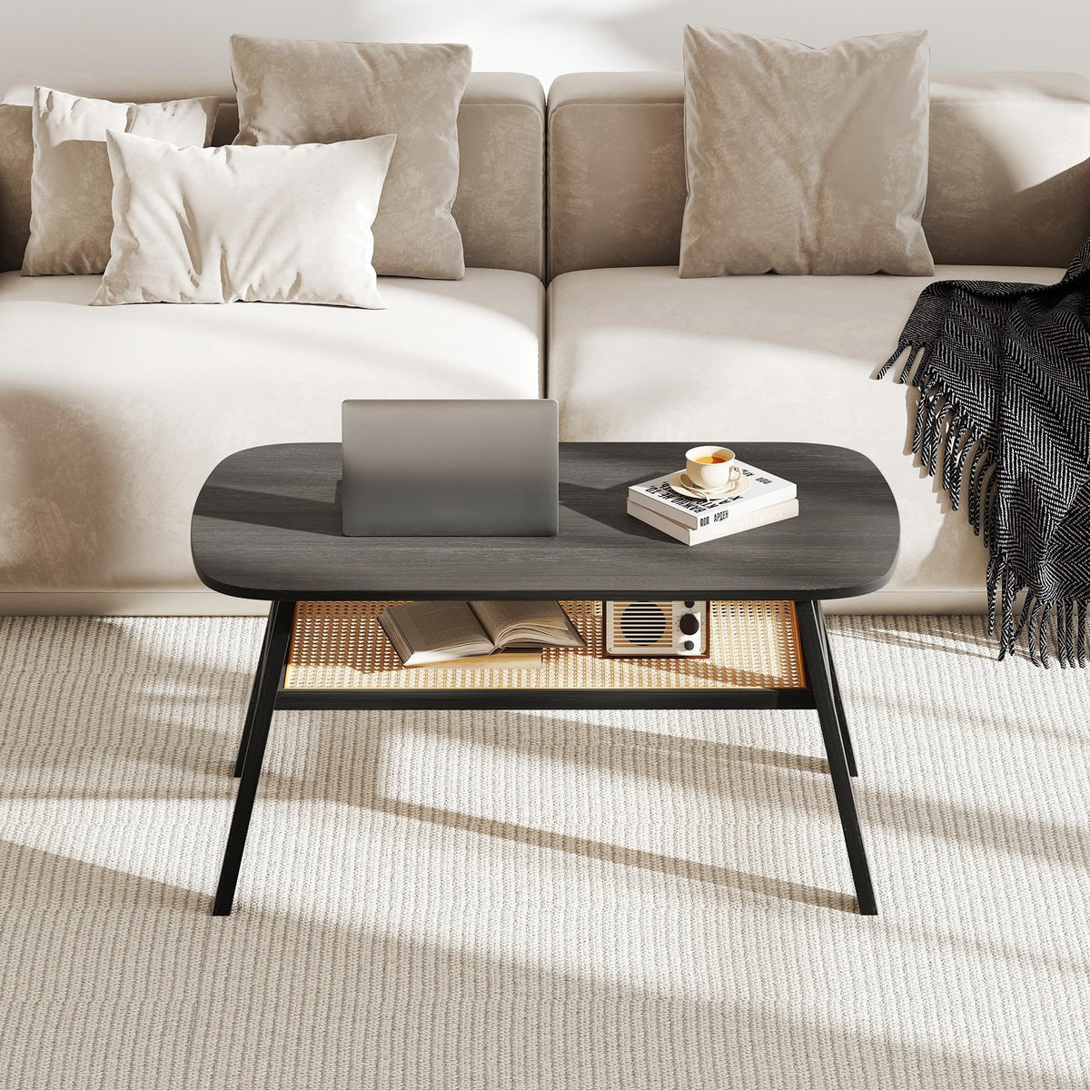 2-Tier Rectangular Center Coffee Table with Rattan Storage Shelf and Rubber Wood Legs-Dark Gray view 5