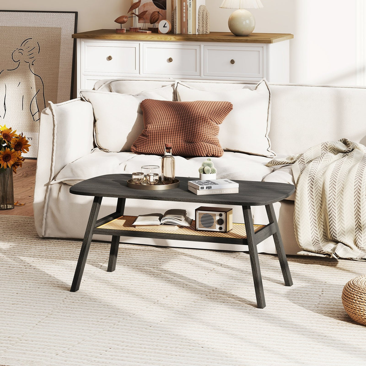 2-Tier Rectangular Center Coffee Table with Rattan Storage Shelf and Rubber Wood Legs-Dark Gray view 6