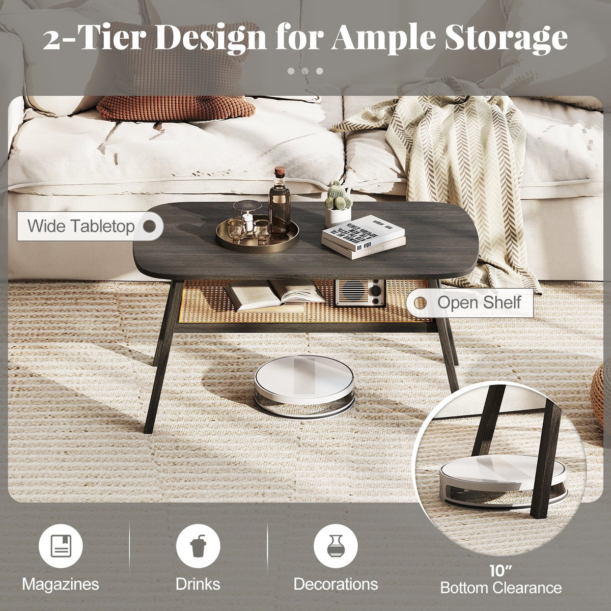 2-Tier Rectangular Center Coffee Table with Rattan Storage Shelf and Rubber Wood Legs-Dark Gray view 7