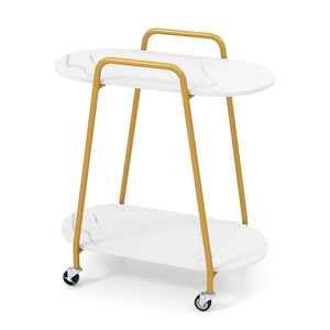 2-Tier Rolling End Table with Faux Marble Surfaces for Small Spaces-White