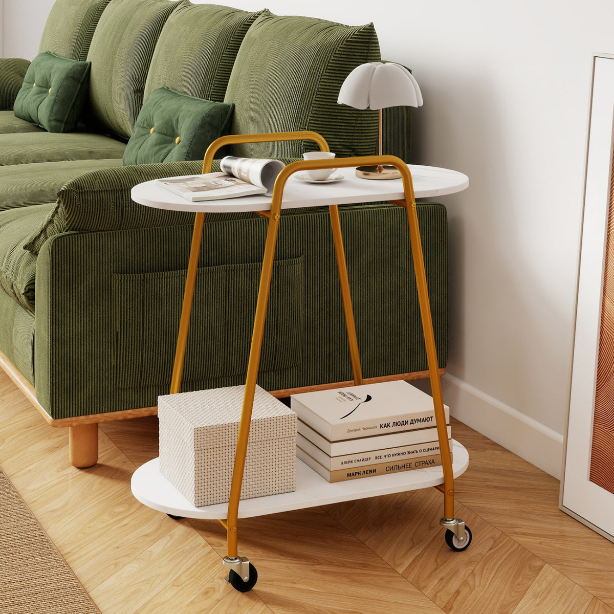 2-Tier Rolling End Table with Faux Marble Surfaces for Small Spaces-White view 2