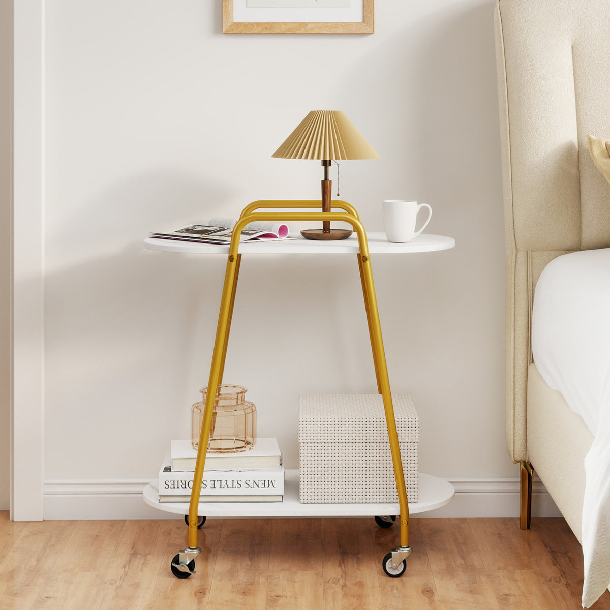 2-Tier Rolling End Table with Faux Marble Surfaces for Small Spaces-White view 3