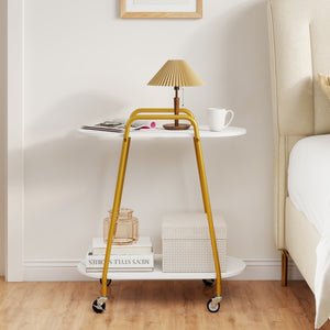 2-Tier Rolling End Table with Faux Marble Surfaces for Small Spaces-White view 3