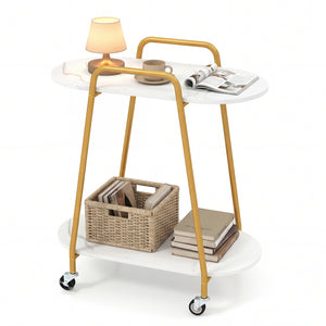 2-Tier Rolling End Table with Faux Marble Surfaces for Small Spaces-White view 4