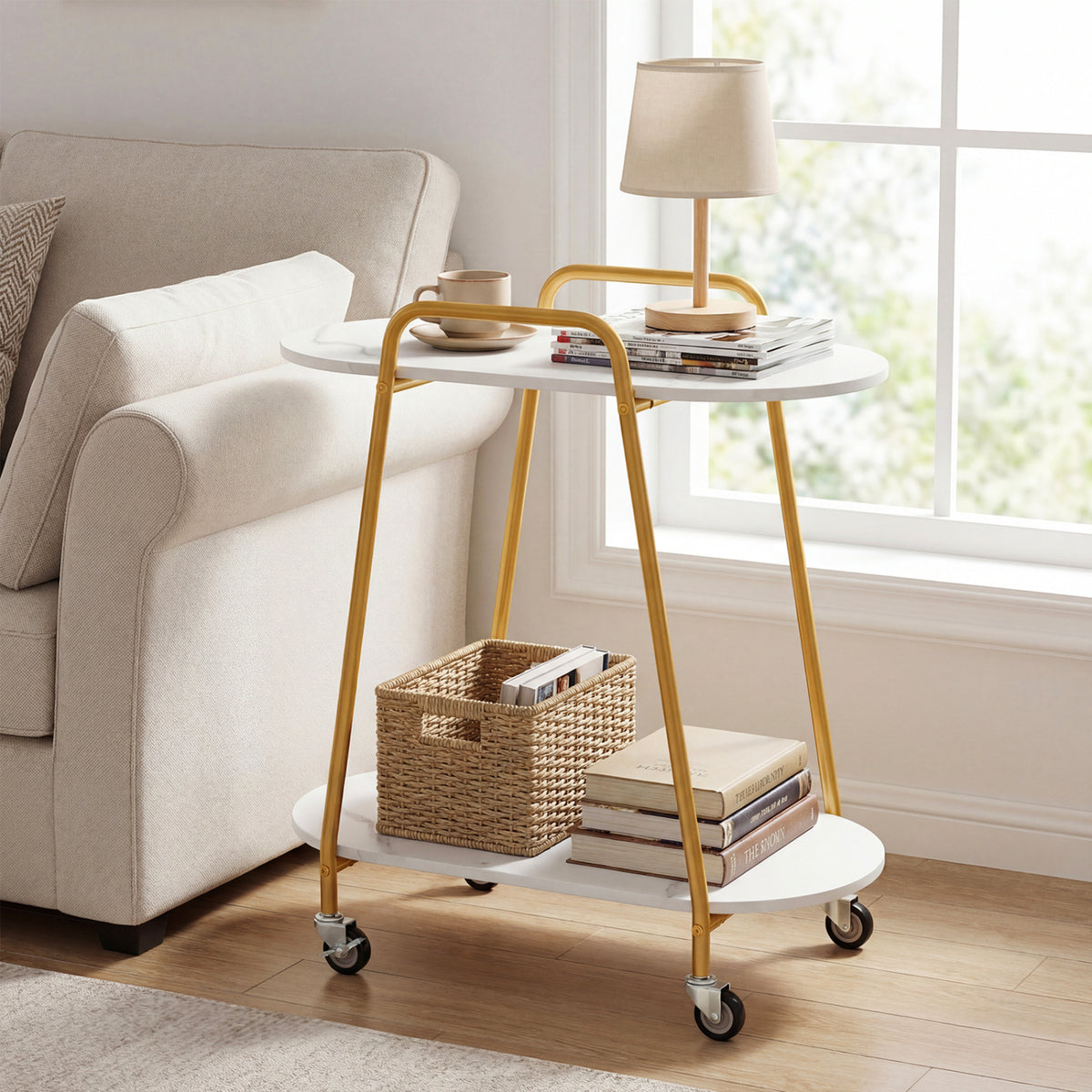 2-Tier Rolling End Table with Faux Marble Surfaces for Small Spaces-White view 6