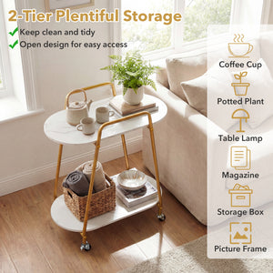 2-Tier Rolling End Table with Faux Marble Surfaces for Small Spaces-White view 9