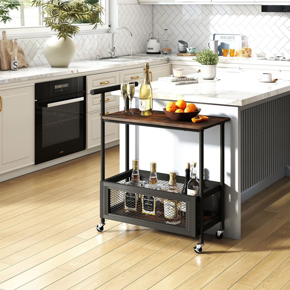 2-Tier Rolling End Table with Handle and Mesh Basket-Rustic Brown view 2