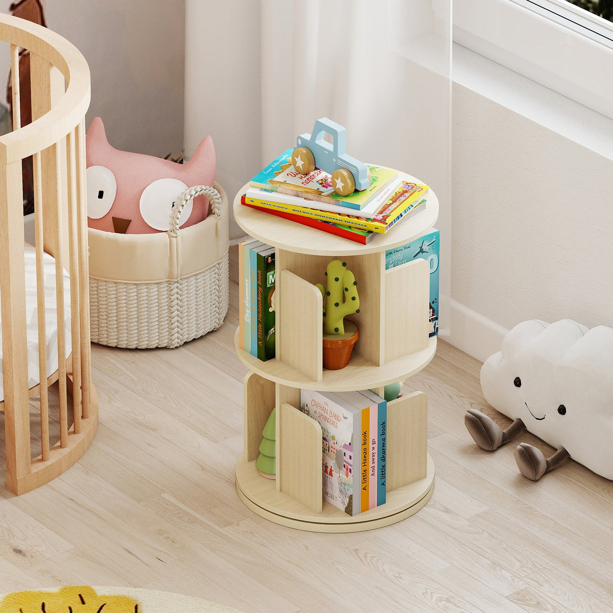 2-Tier Rotating Bookshelf with Dividers and Anti-falling Baffles-Natural view 2