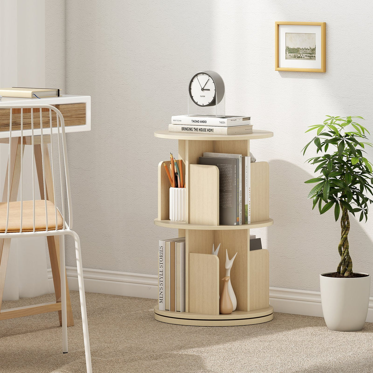 2-Tier Rotating Bookshelf with Dividers and Anti-falling Baffles-Natural view 3