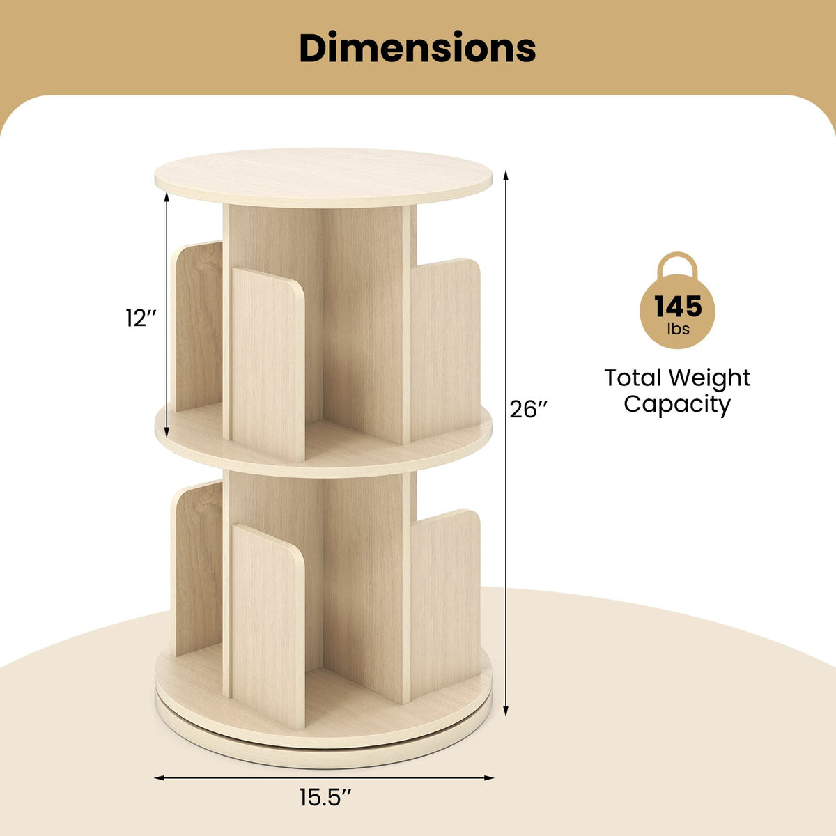 2-Tier Rotating Bookshelf with Dividers and Anti-falling Baffles-Natural view 5