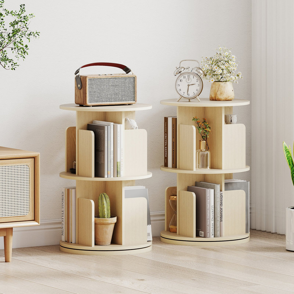 2-Tier Rotating Bookshelf with Dividers and Anti-falling Baffles-Natural view 6