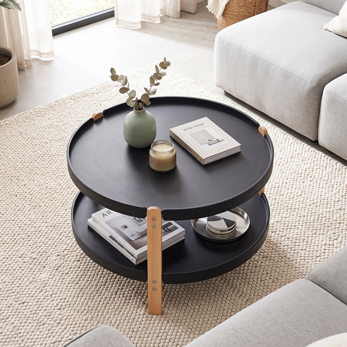 2-Tier Round Coffee Table with Open Storage Shelf and Solid Beech Wood Legs for Living Room-Black view 3