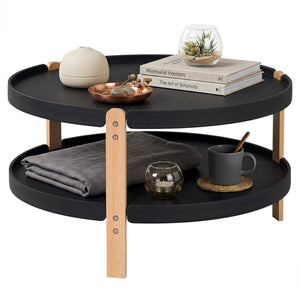 2-Tier Round Coffee Table with Open Storage Shelf and Solid Beech Wood Legs for Living Room-Black view 4
