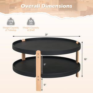 2-Tier Round Coffee Table with Open Storage Shelf and Solid Beech Wood Legs for Living Room-Black view 5