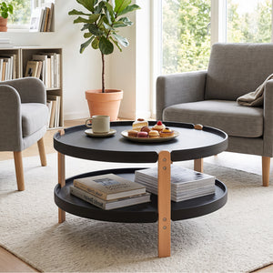 2-Tier Round Coffee Table with Open Storage Shelf and Solid Beech Wood Legs for Living Room-Black view 6