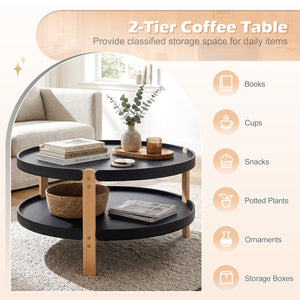 2-Tier Round Coffee Table with Open Storage Shelf and Solid Beech Wood Legs for Living Room-Black view 7