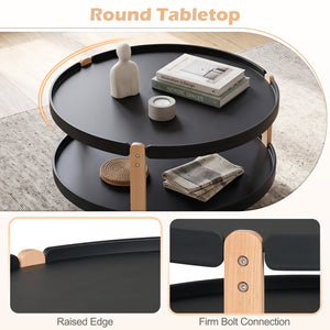 2-Tier Round Coffee Table with Open Storage Shelf and Solid Beech Wood Legs for Living Room-Black view 8