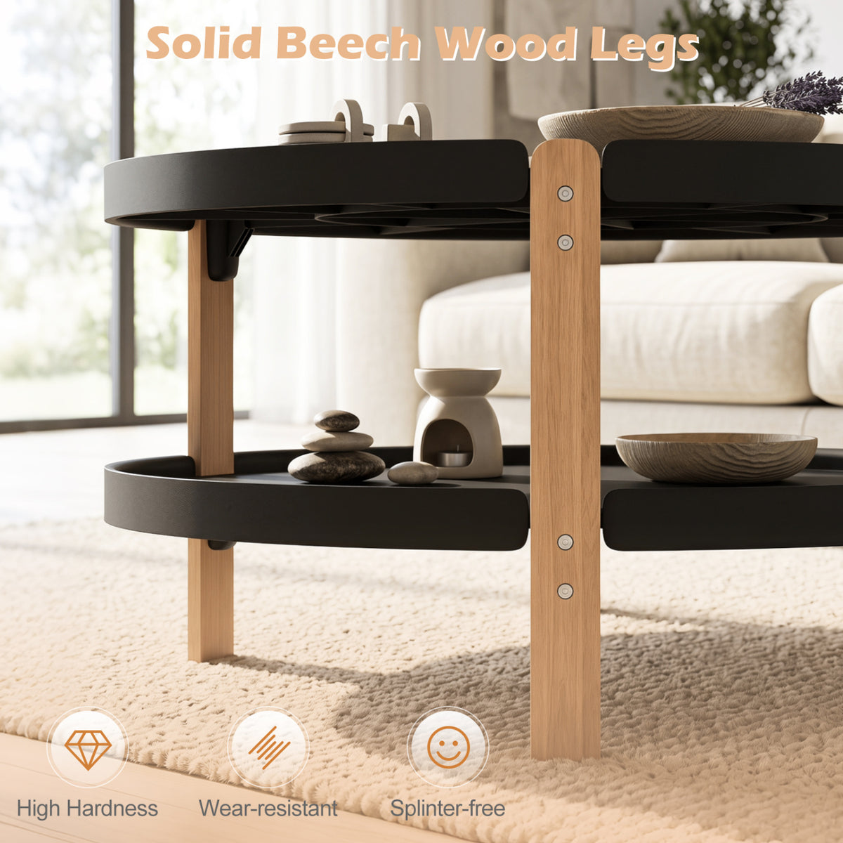 2-Tier Round Coffee Table with Open Storage Shelf and Solid Beech Wood Legs for Living Room-Black view 9