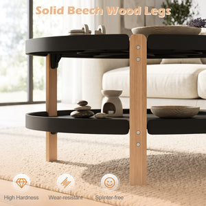 2-Tier Round Coffee Table with Open Storage Shelf and Solid Beech Wood Legs for Living Room-Black view 9