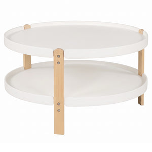2-Tier Round Coffee Table with Open Storage Shelf and Solid Beech Wood Legs for Living Room-White