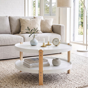 2-Tier Round Coffee Table with Open Storage Shelf and Solid Beech Wood Legs for Living Room-White view 3