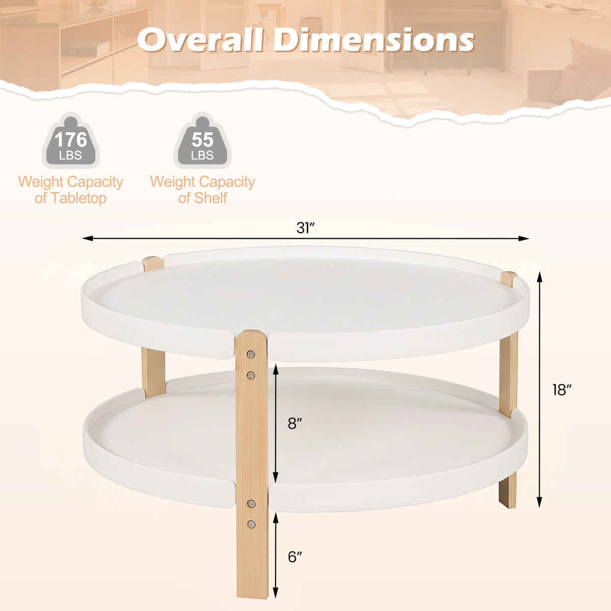 2-Tier Round Coffee Table with Open Storage Shelf and Solid Beech Wood Legs for Living Room-White view 5