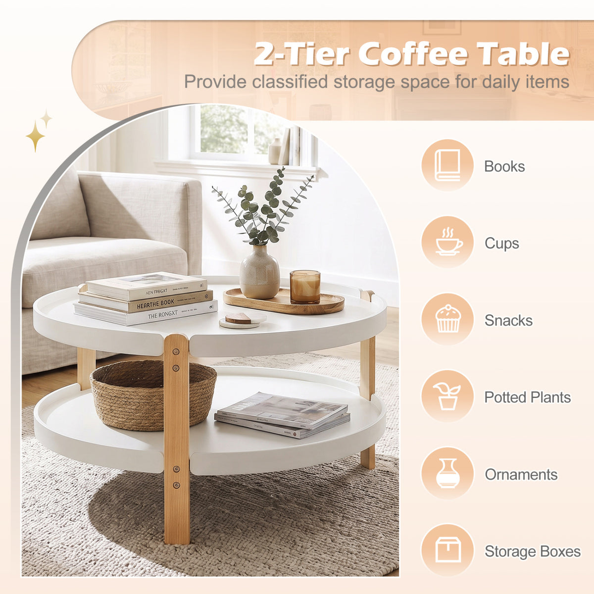2-Tier Round Coffee Table with Open Storage Shelf and Solid Beech Wood Legs for Living Room-White view 6