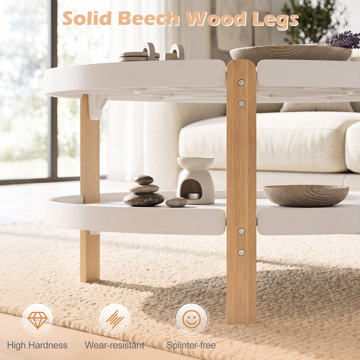 2-Tier Round Coffee Table with Open Storage Shelf and Solid Beech Wood Legs for Living Room-White view 7
