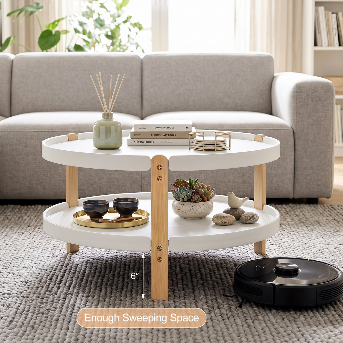 2-Tier Round Coffee Table with Open Storage Shelf and Solid Beech Wood Legs for Living Room-White view 9