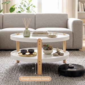 2-Tier Round Coffee Table with Open Storage Shelf and Solid Beech Wood Legs for Living Room-White view 9