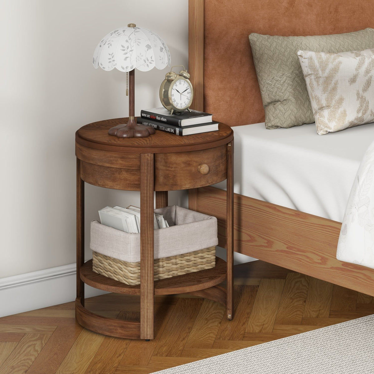 2-Tier Round End Table Mid Century Modern Nightstand with Drawer and Shelf view 2