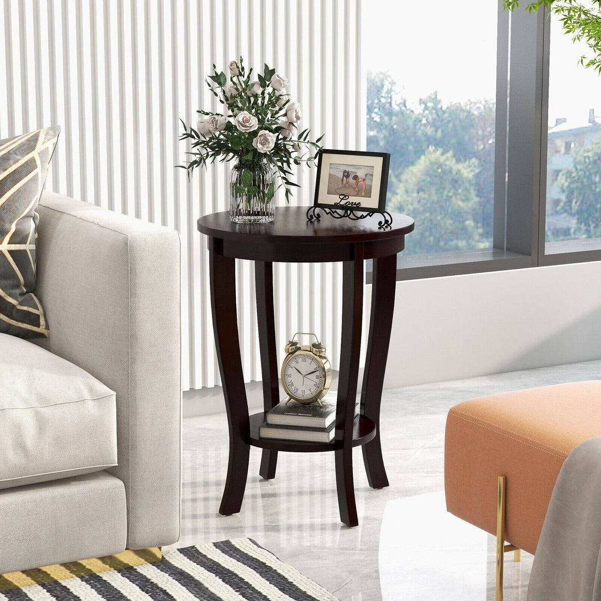 2-tier Round End Table with Solid Wood Legs-Espresso view 2